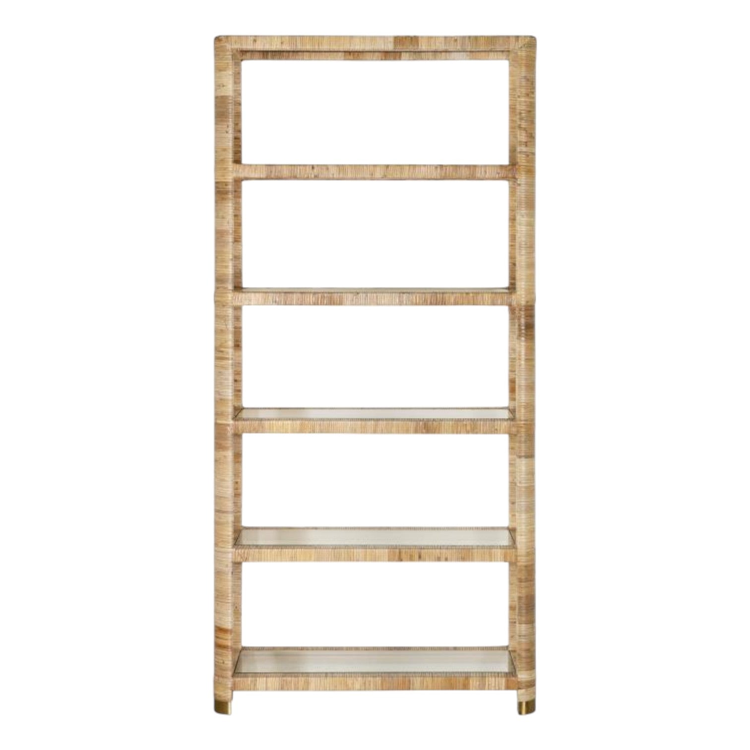 The Briland Etagere by Highland House features a tall, rectangular wooden frame with a light natural finish and five evenly spaced glass shelves.