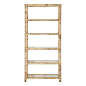 The Briland Etagere by Highland House features a tall, rectangular wooden frame with a light natural finish and five evenly spaced glass shelves.