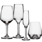Four clear pieces from the Simon Pearce Bristol Drinkware Collection—two wine glasses, one champagne flute, and one stemless glass—are displayed on a white background, highlighting Northeast Islander-inspired elegance and Golden Ratio balance.