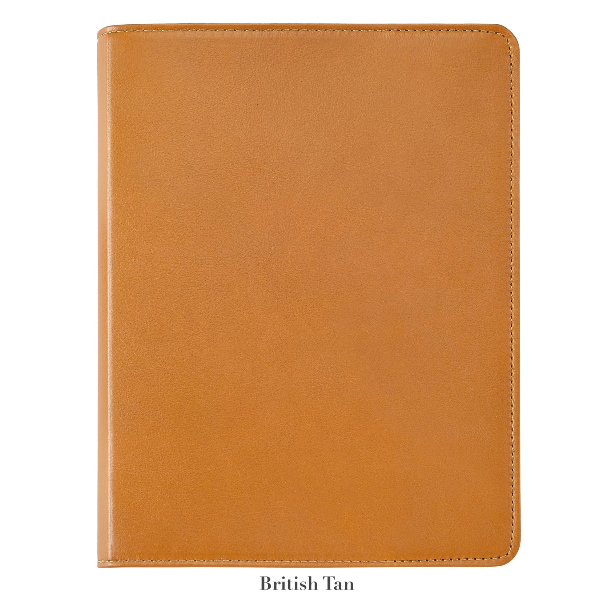 The Graphic Image 9" Leather Notebook features a refillable, closed British Tan leather cover and premium paper, offering a sophisticated way to protect your notes. Displayed against a white background.