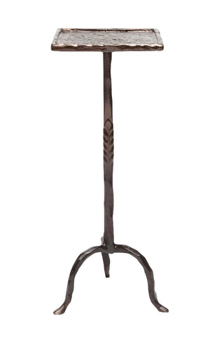 The Maddy Bronze Twisted Iron Side Table by Made Goods is a tall, narrow stand with a square top and chunky textured tripod base featuring subtle laurel leaf details.