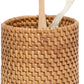 The Dalton Bath Collection by Pigeon & Poodle features a finely crafted woven cylindrical holder, colored with organic dyes, containing two toothbrushes—one wooden and one white.