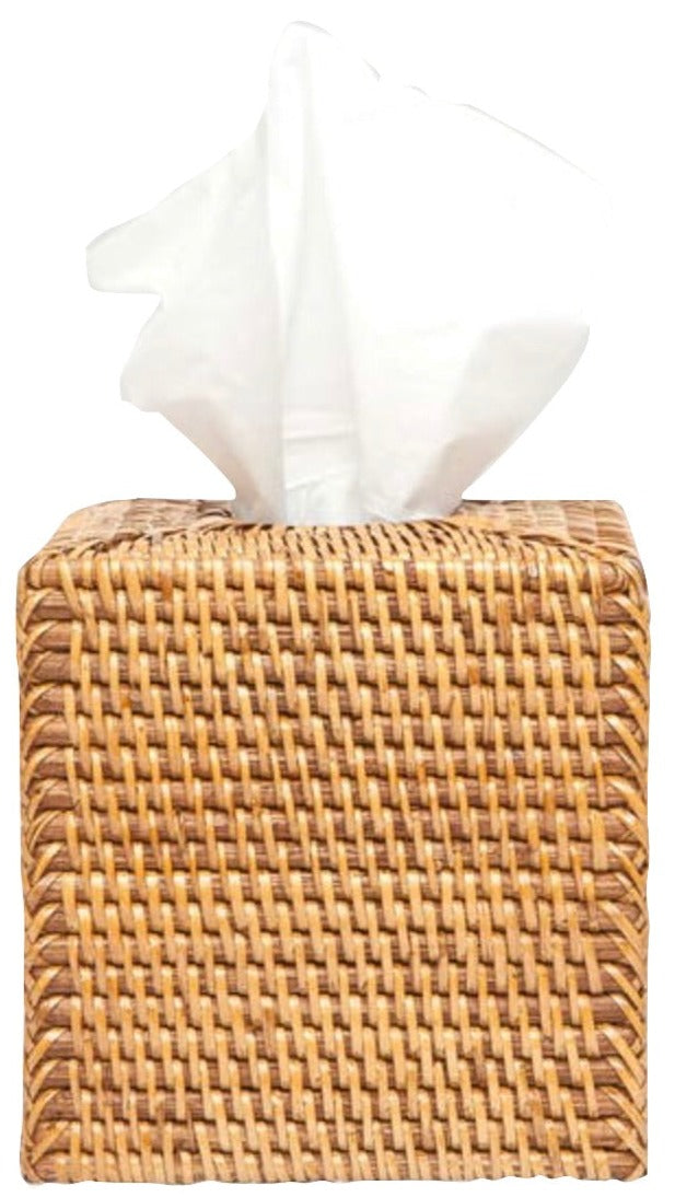 The Dalton Bath Collection by Pigeon & Poodle features a square, handmade rattan tissue box holder with detailed craftsmanship and a white tissue elegantly protruding from the top.
