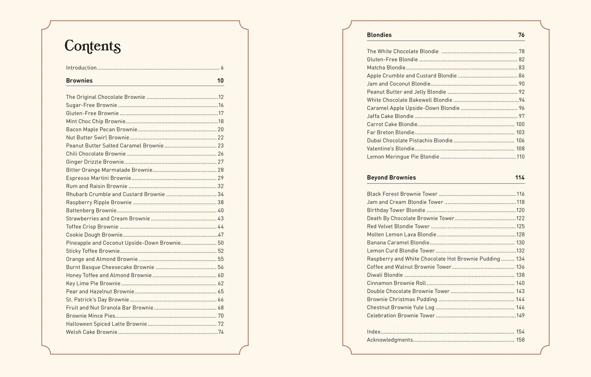 Table of contents from The Brownie Book by Kate Jenkins (Penguin Random House), listing sections and page numbers for Gower Cottage Brownies, classic chocolate brownies, blondies, and a range of other irresistible brownie recipes.