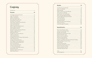 Table of contents from The Brownie Book by Kate Jenkins (Penguin Random House), listing sections and page numbers for Gower Cottage Brownies, classic chocolate brownies, blondies, and a range of other irresistible brownie recipes.