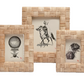 The Grasse Frame Collection by Pigeon & Poodle includes three extra-thick rattan frames, each featuring a black and white illustration: a hot air balloon, a horse rider, and a plant.