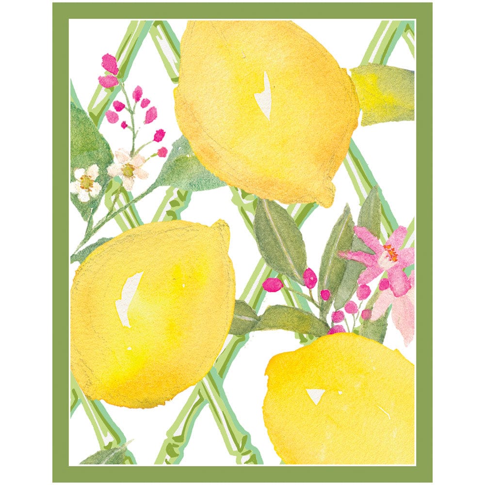The Caspari Limoncello Bridge Collection features watercolor lemons with green leaves and pink flowers on a lattice background, bordered by green—perfect for bridge or any fun group card game gathering.