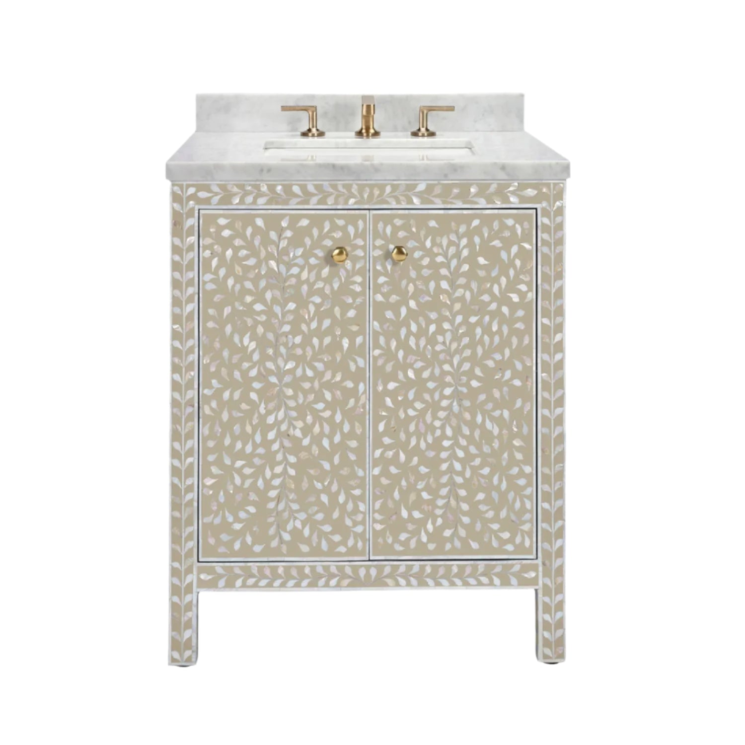 The Azalea Vanity Collection by Made Goods features a beige and white floral inlay with mother-of-pearl accents, gold hardware, soft-close drawers, plus a white countertop with integrated sink and gold faucet.