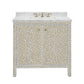 The Azalea Vanity Collection by Made Goods features a beige and white floral-patterned free-standing vanity with soft-close drawers, marble countertop, integrated sink, and gold hardware.
