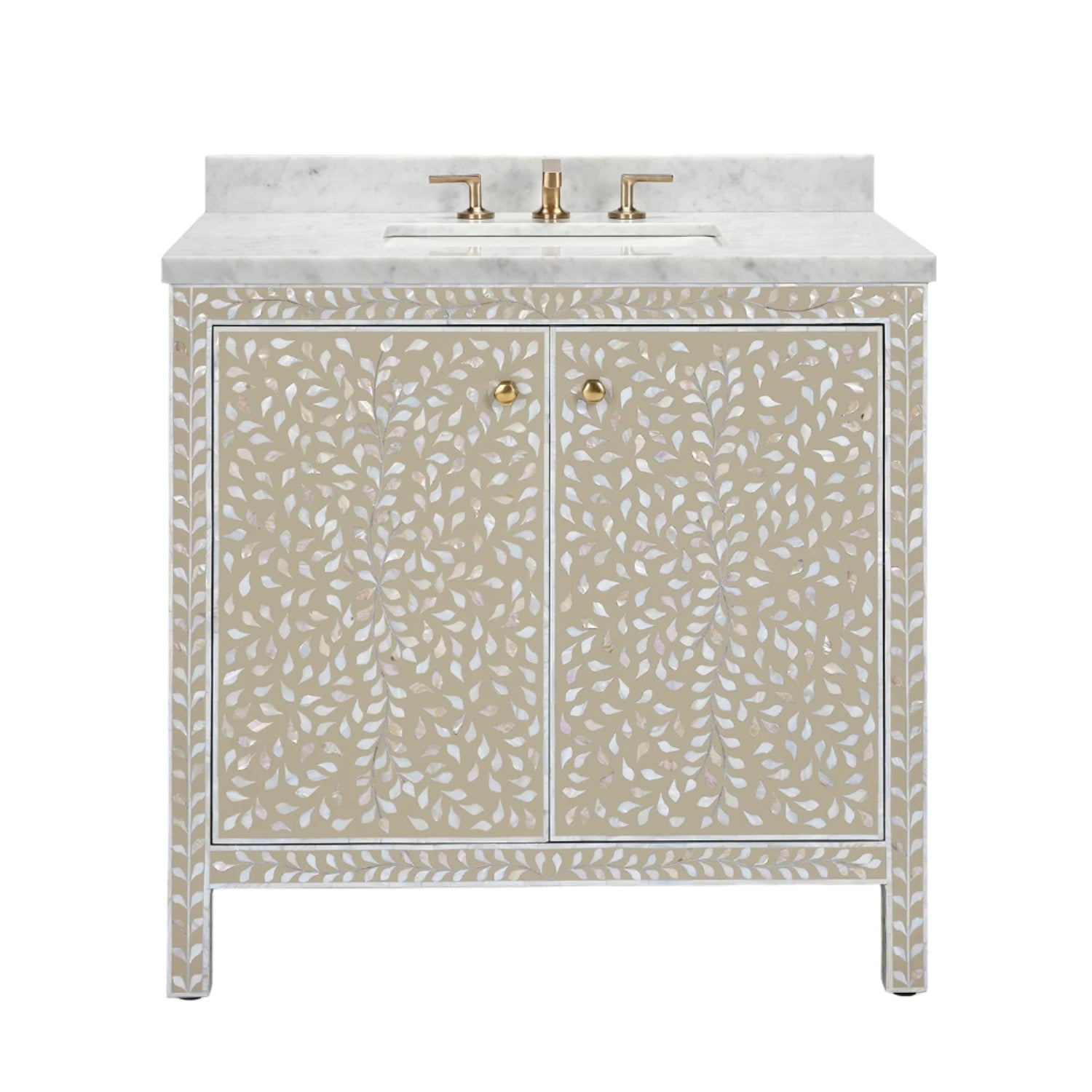 The Azalea Vanity Collection by Made Goods features a beige and white floral-patterned free-standing vanity with soft-close drawers, marble countertop, integrated sink, and gold hardware.