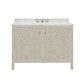 The Azalea Vanity Collection by Made Goods features a free-standing design with a beige and white leaf pattern, marble countertop, built-in sink, gold fixtures, and soft-close drawers.