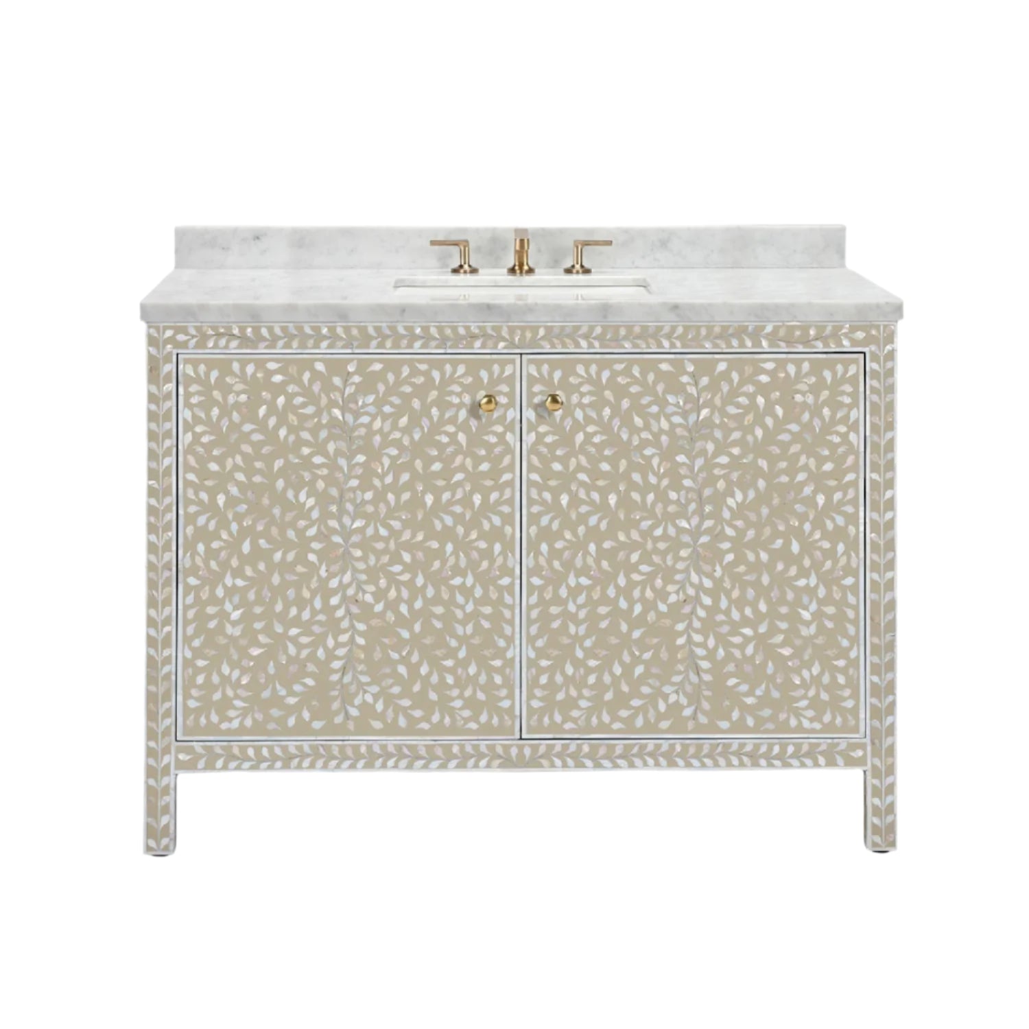 The Azalea Vanity Collection by Made Goods features a free-standing design with a beige and white leaf pattern, marble countertop, built-in sink, gold fixtures, and soft-close drawers.