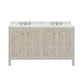The Azalea Vanity Collection by Made Goods is a free-standing double-sink vanity with gold faucets, a white marble top, and beige cabinets adorned with a white floral inlay and mother-of-pearl accents.