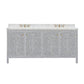 The Azalea Vanity Collection by Made Goods features a double-sink freestanding vanity with a white marble top, grey cabinet with white leaf and vine patterns, mother-of-pearl accents, soft-close drawers, and brass hardware.