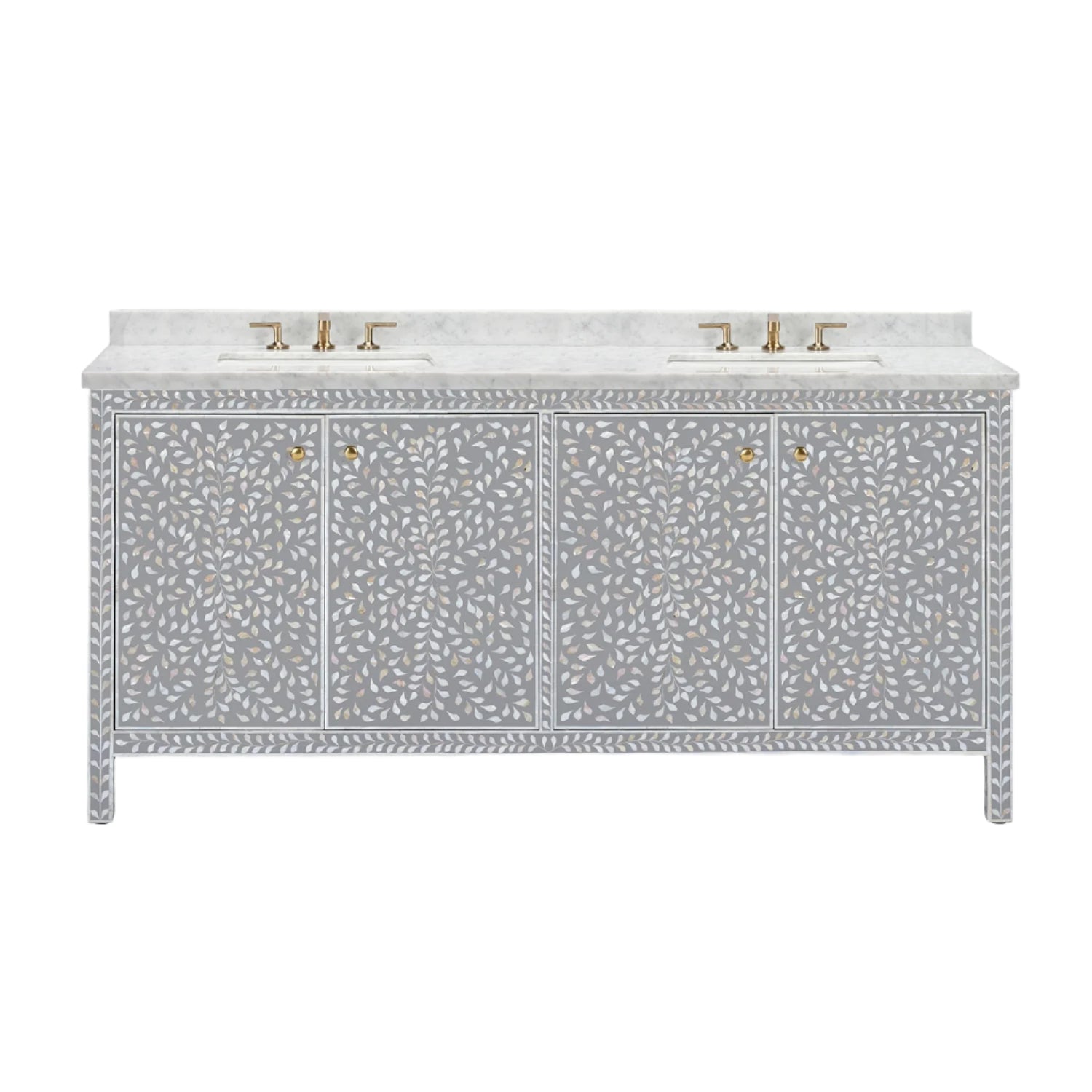 The Azalea Vanity Collection by Made Goods features a double-sink freestanding vanity with a white marble top, grey cabinet with white leaf and vine patterns, mother-of-pearl accents, soft-close drawers, and brass hardware.
