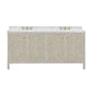 The Azalea Vanity Collection by Made Goods is a double sink, free-standing vanity featuring beige and white floral inlay, mother-of-pearl accents, gold hardware, a white marble countertop, and soft-close drawers for convenience.
