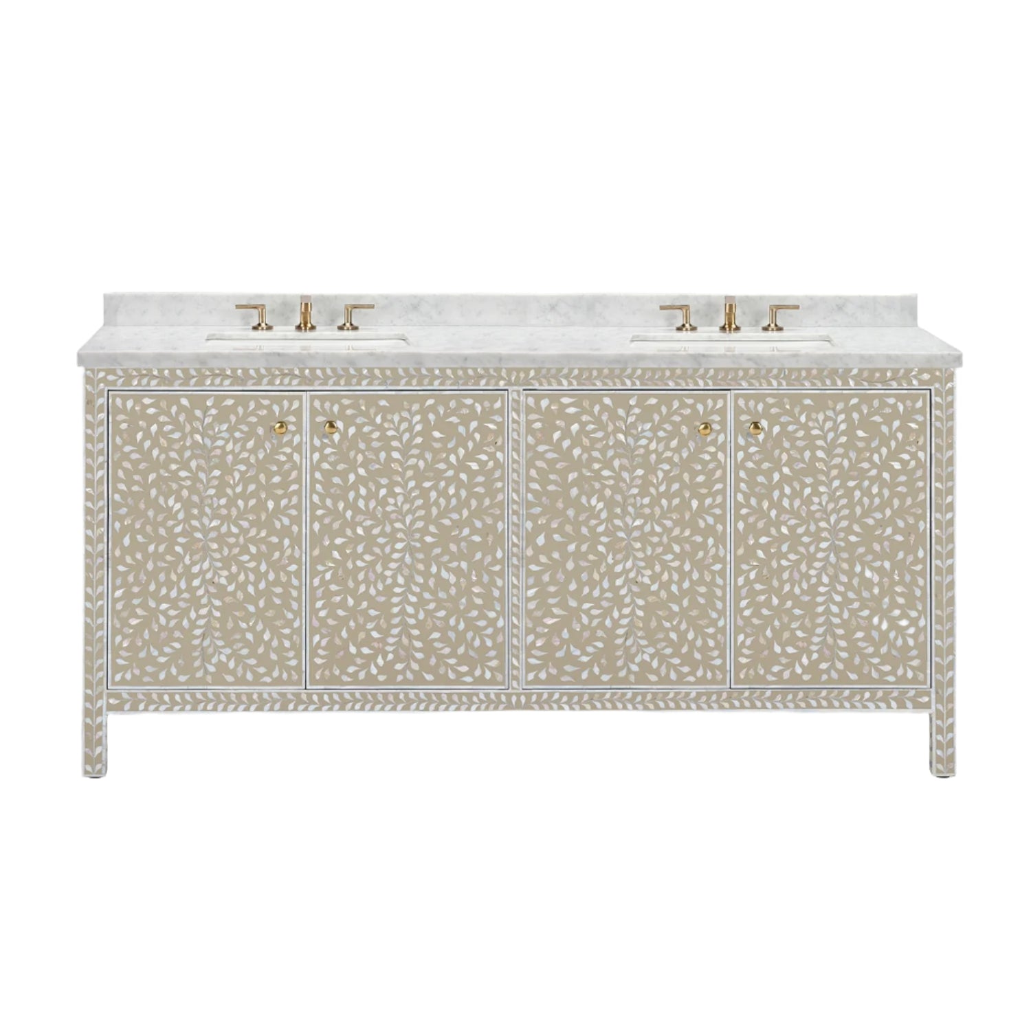 The Azalea Vanity Collection by Made Goods is a double sink, free-standing vanity featuring beige and white floral inlay, mother-of-pearl accents, gold hardware, a white marble countertop, and soft-close drawers for convenience.