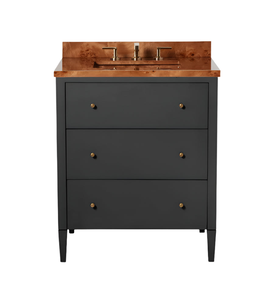 The Conrad Vanity Collection by Made Goods features a floating design with a matte black base, three soft-close drawers, gold knobs, and a glossy wood countertop with an integrated sink and brass faucet.