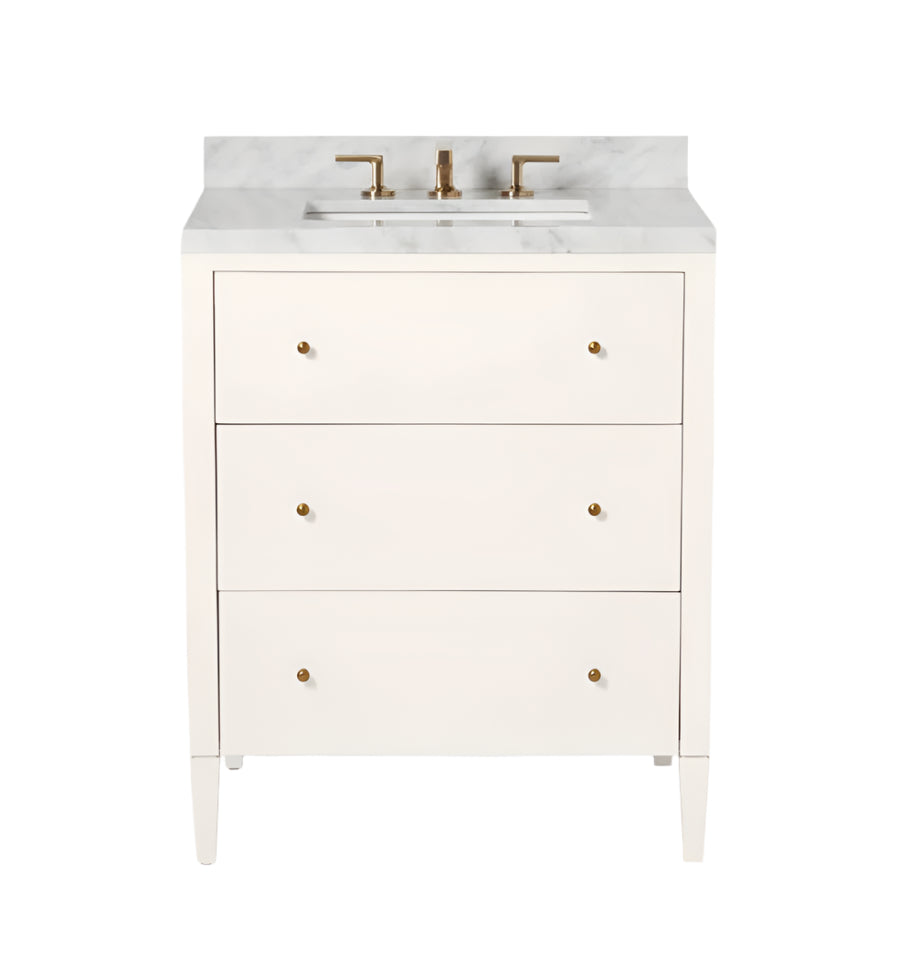 The Conrad Vanity Collection by Made Goods features a white floating bathroom vanity with three soft-close drawers, brass hardware, marble countertop, and brass faucet, shown against a plain white background.