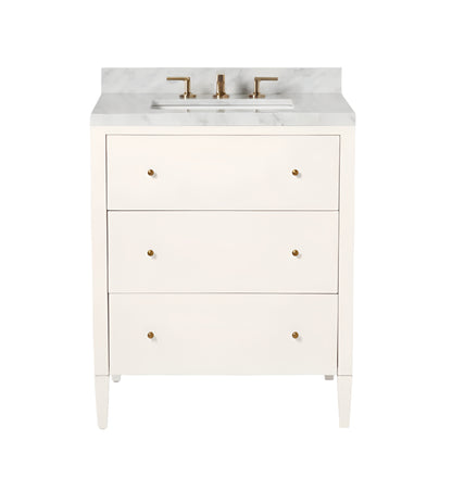 The Conrad Vanity Collection by Made Goods features a white floating bathroom vanity with three soft-close drawers, brass hardware, marble countertop, and brass faucet, shown against a plain white background.