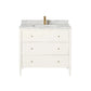The Made Goods Conrad Vanity Collection features a white floating bathroom vanity with soft-close drawers, marble countertop, integrated sink, and gold faucet, shown against a plain white background.