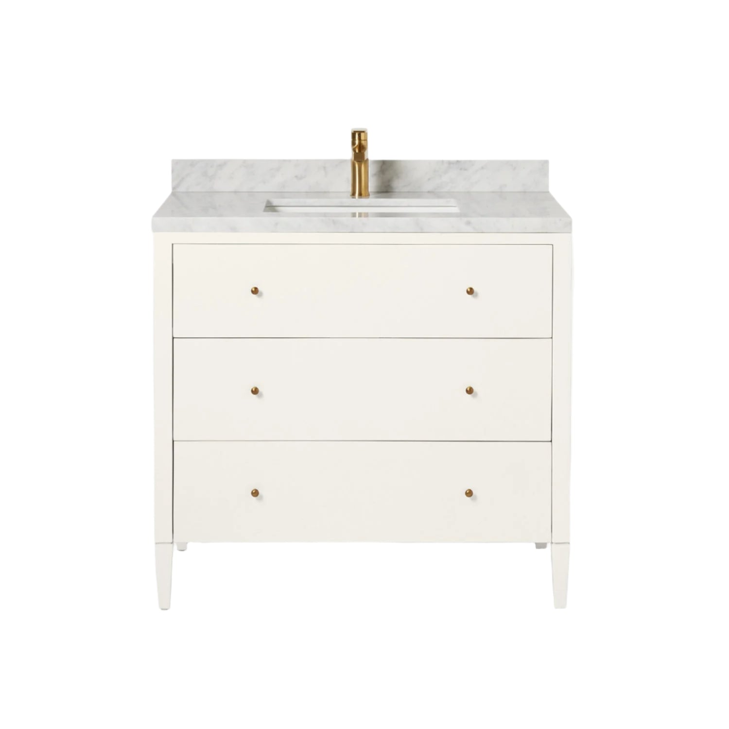 The Made Goods Conrad Vanity Collection features a white floating bathroom vanity with soft-close drawers, marble countertop, integrated sink, and gold faucet, shown against a plain white background.
