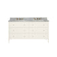 The Conrad Vanity Collection by Made Goods features a double-sink white base, six soft-close drawers, brass hardware, and a gray marble countertop with matching backsplash and faucets.