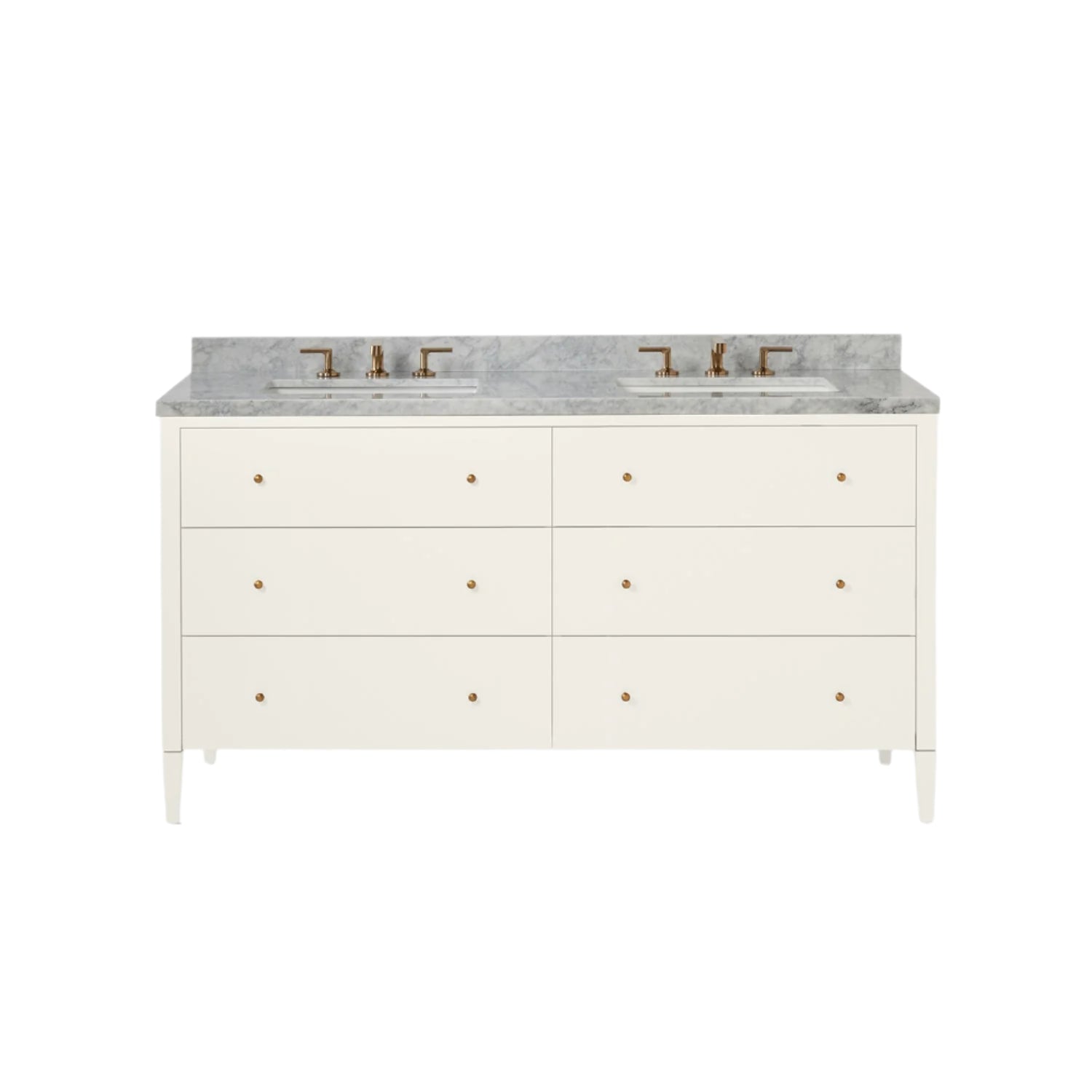 The Conrad Vanity Collection by Made Goods features a double-sink white base, six soft-close drawers, brass hardware, and a gray marble countertop with matching backsplash and faucets.