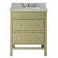 The Isla Vanity Collection by Made Goods features a green three-drawer bathroom vanity with gold knobs, a white marble countertop, and gold faucet fixtures, bringing elegance to any space.