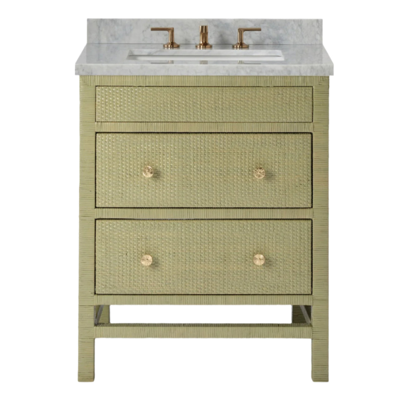 The Isla Vanity Collection by Made Goods features a green three-drawer bathroom vanity with gold knobs, a white marble countertop, and gold faucet fixtures, bringing elegance to any space.