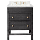 The Isla Vanity Collection by Made Goods is a freestanding bathroom vanity with a black finish, two drawers, gold knobs, a white countertop, an under-mount sink, and elegant gold faucet fixtures.