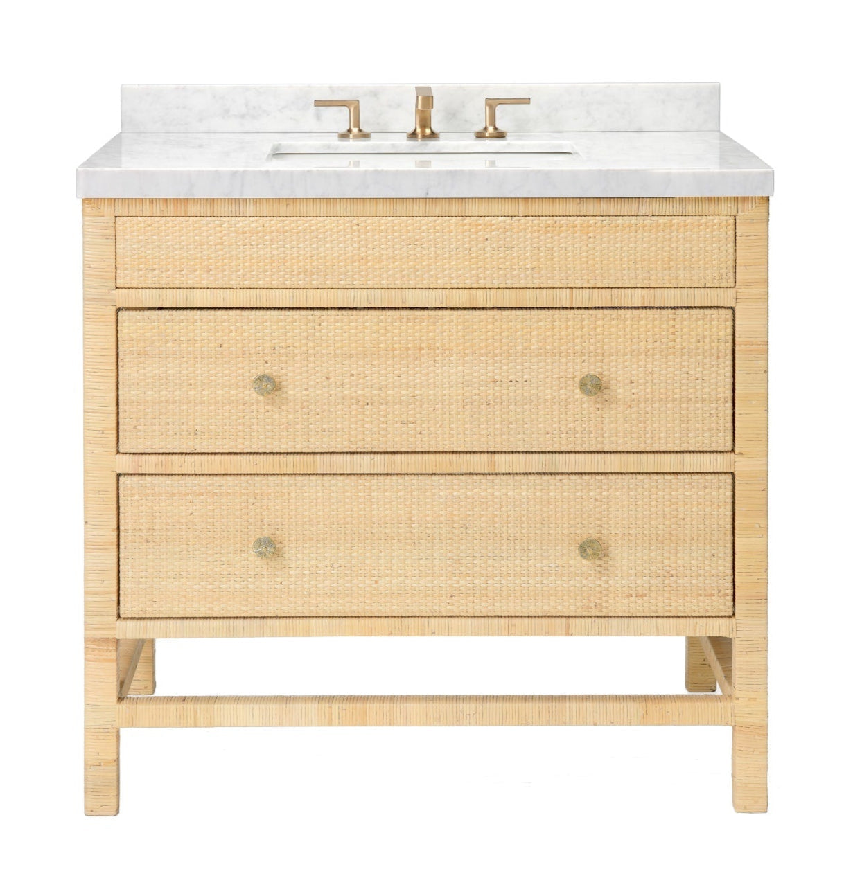 The Isla Vanity Collection by Made Goods offers a light woven finish, three drawers, white marble countertop, and gold faucet fixtures—a refined choice for those seeking freestanding vanities with organic charm.