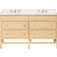 The Isla Vanity Collection by Made Goods features a double sink with a white countertop, two faucets, and six light wood-finish woven rattan drawers—a stylish addition to any bathroom.