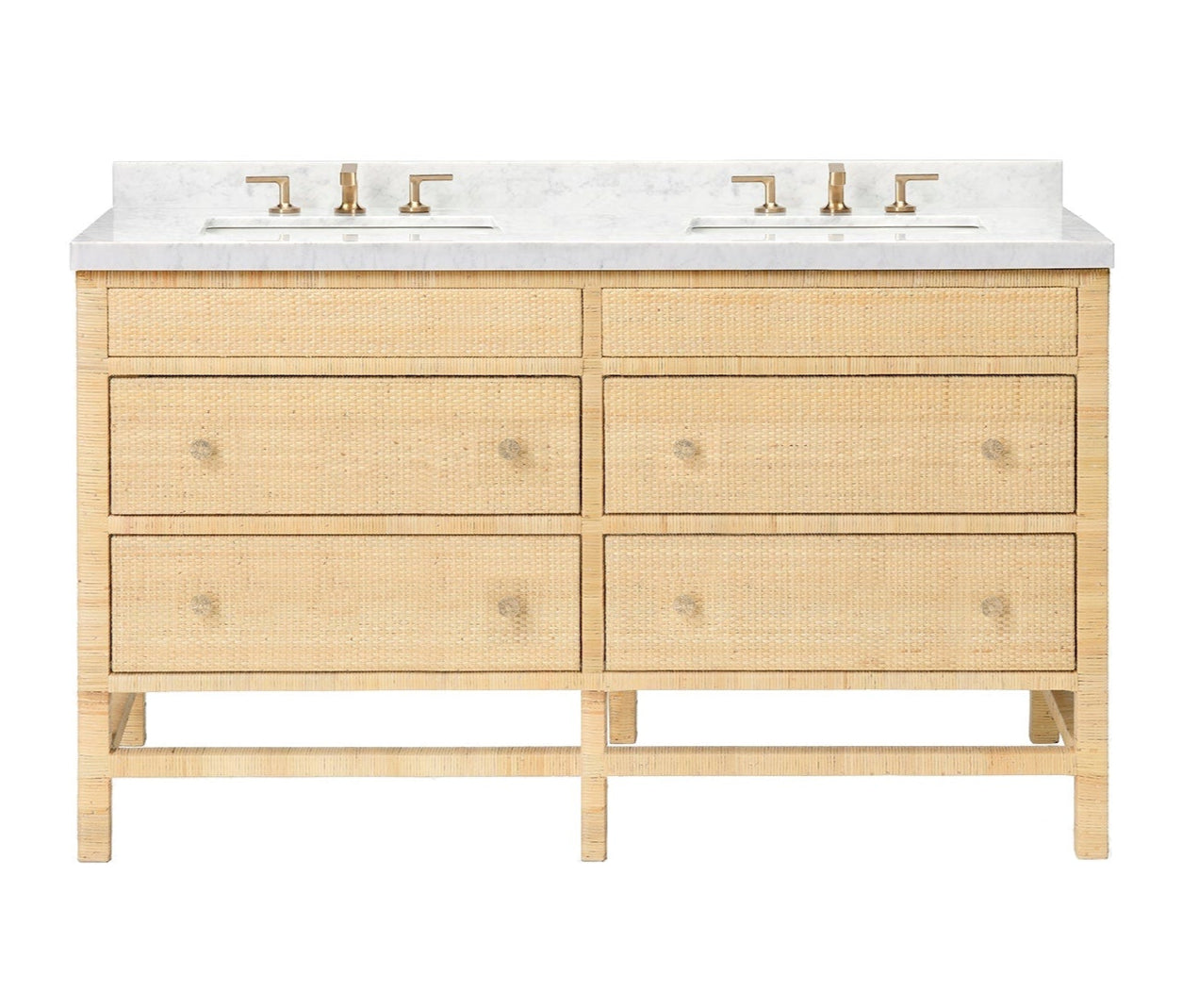 The Isla Vanity Collection by Made Goods features a double sink with a white countertop, two faucets, and six light wood-finish woven rattan drawers—a stylish addition to any bathroom.