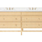 The Isla Vanity Collection by Made Goods is a freestanding bathroom vanity with a light wood finish, six drawers, double sinks, brass faucets, and a white countertop—offering modern style and classic function.