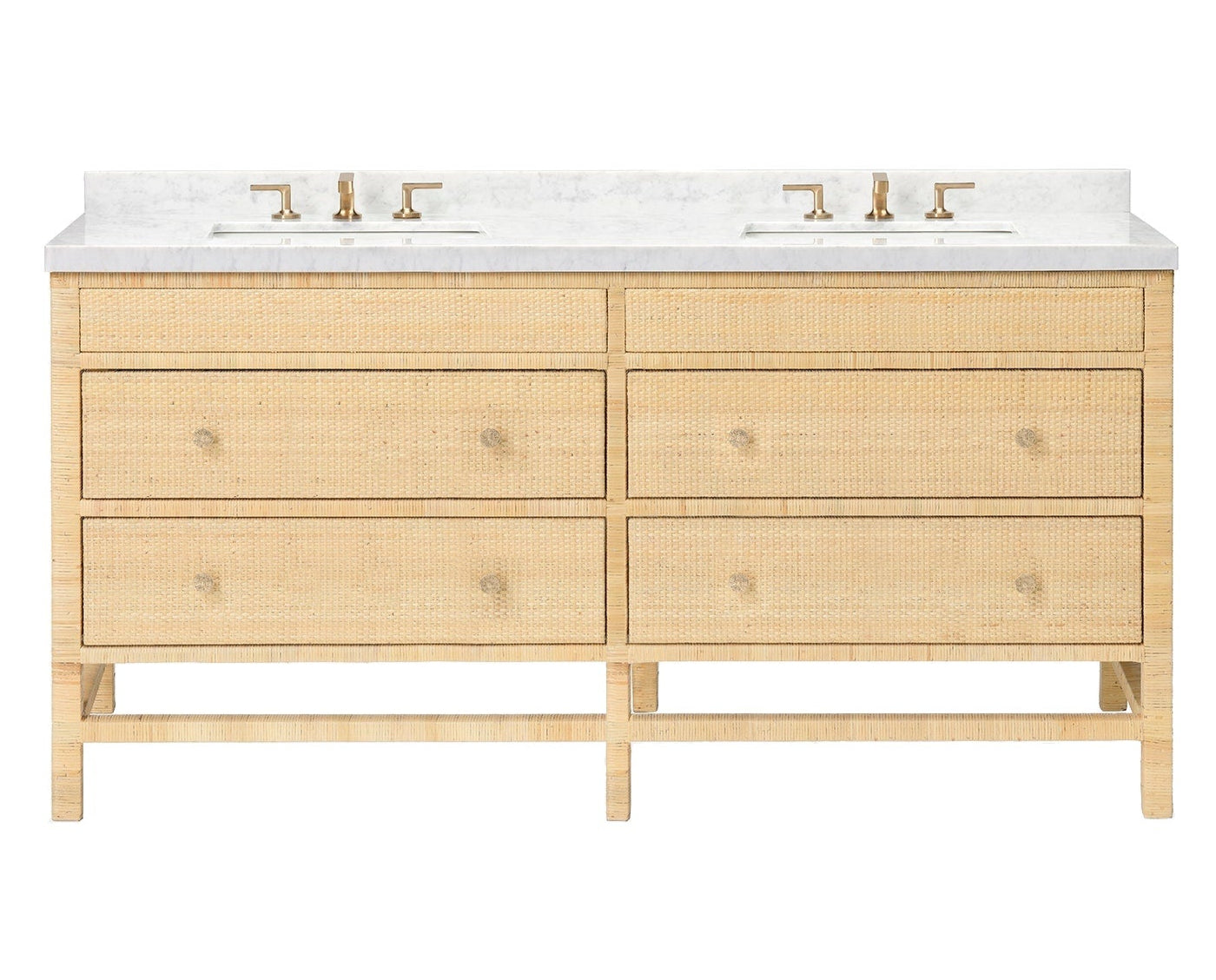 The Isla Vanity Collection by Made Goods is a freestanding bathroom vanity with a light wood finish, six drawers, double sinks, brass faucets, and a white countertop—offering modern style and classic function.