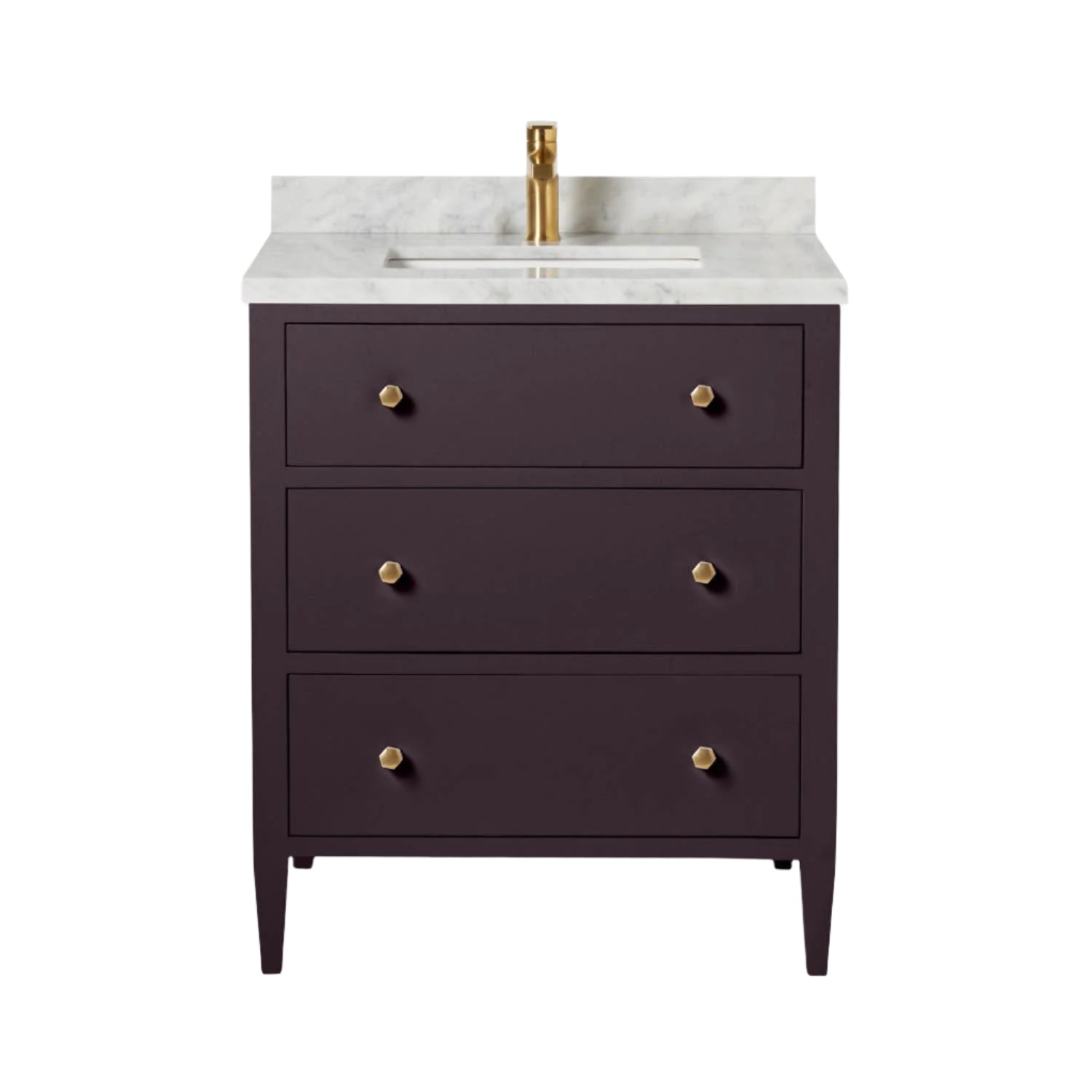 The Jarin Vanity Collection by Made Goods features a freestanding design with a white marble top, built-in sink, brass faucet, and three dark wooden drawers with brass knobs—bringing elegance to any bathroom.