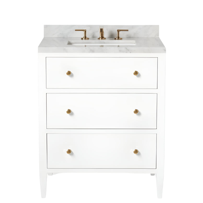 The Jarin Vanity Collection by Made Goods features a white floating vanity with three drawers, gold knobs, a marble countertop, and gold faucet fixtures for a modern bathroom update.