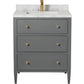 The Jarin Vanity Collection by Made Goods features a gray freestanding vanity with three drawers, gold knobs, a white marble countertop, and a gold faucet, offering elegant style and practical storage for your bathroom.