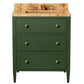 The Jarin Vanity Collection by Made Goods features a green freestanding vanity with three drawers, silver knobs, a beige marble countertop, and a built-in sink with modern faucet—bringing elegance to any bathroom.