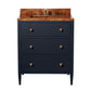 The Jarin Vanity Collection by Made Goods features a dark blue freestanding base, three drawers with gold knobs, and a wood countertop with an integrated sink and faucet.