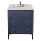 The Jarin Vanity Collection by Made Goods features a navy blue floating vanity with three drawers, gold knobs, a white marble countertop, and a gold faucet for modern bathroom elegance.