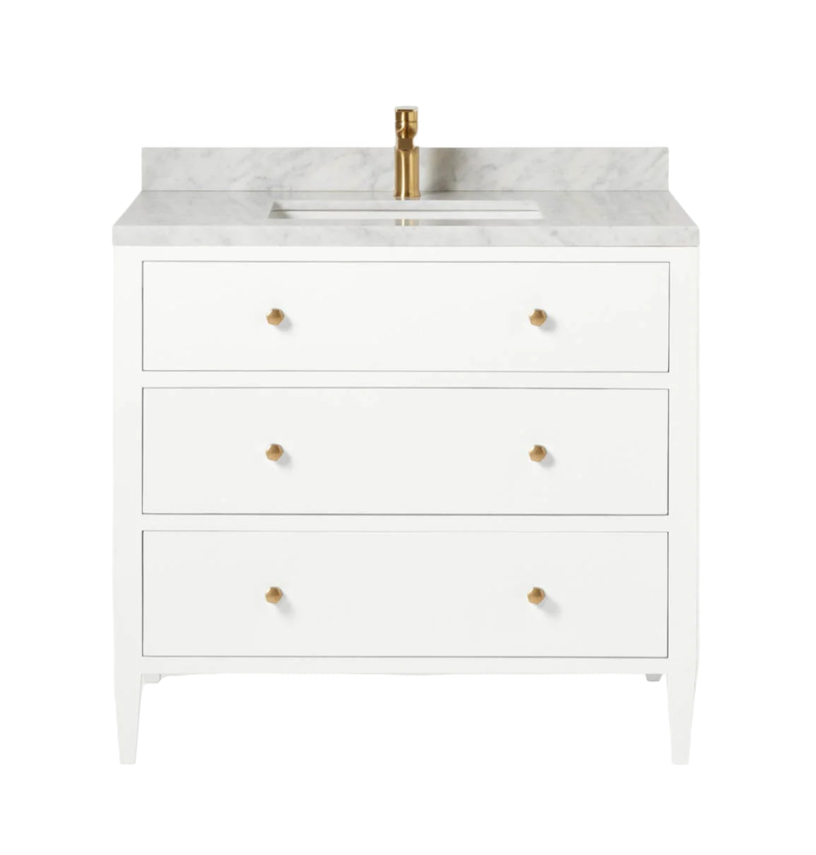 The Jarin Vanity Collection by Made Goods features a white floating vanity with three drawers, marble countertop, built-in sink, and brass faucet and handles, displayed against a plain white background.