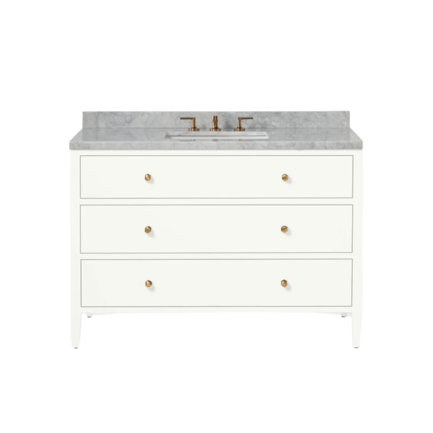 The Jarin Vanity Collection by Made Goods is a freestanding vanity with three drawers, brass knobs, a gray marble countertop, and built-in sink with brass faucet—an elegant upgrade for any modern bathroom.