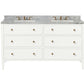 The Jarin Vanity Collection by Made Goods is a freestanding double-sink vanity with six drawers, a marble countertop, and elegant gold faucets and hardware.
