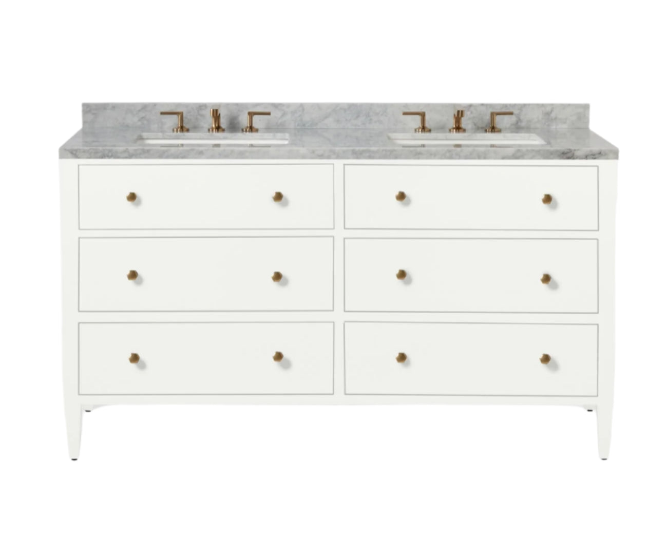 The Jarin Vanity Collection by Made Goods is a freestanding double-sink vanity with six drawers, a marble countertop, and elegant gold faucets and hardware.