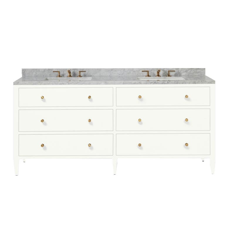 The Jarin Vanity Collection by Made Goods features a white double-sink floating vanity with six drawers, a marble countertop, and brass hardware, displayed against a plain background.