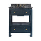 The Wylder Vanity Collection by Made Goods is a modern floating vanity in black wood, featuring brass hardware, soft-close drawers, an open shelf, and a marble countertop with a brass faucet.