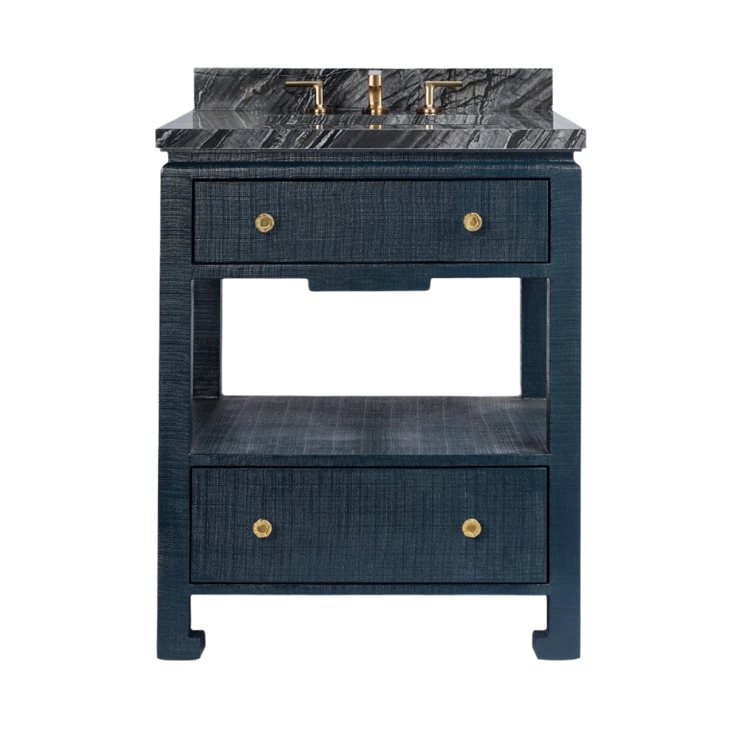 The Wylder Vanity Collection by Made Goods is a modern floating vanity in black wood, featuring brass hardware, soft-close drawers, an open shelf, and a marble countertop with a brass faucet.