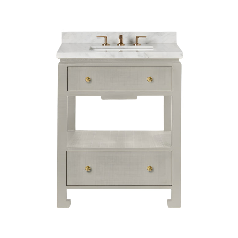 The Wylder Vanity Collection by Made Goods features a floating bathroom vanity with a marble countertop, brass fixtures, soft-close drawers, and an open shelf, displayed against a plain white background.